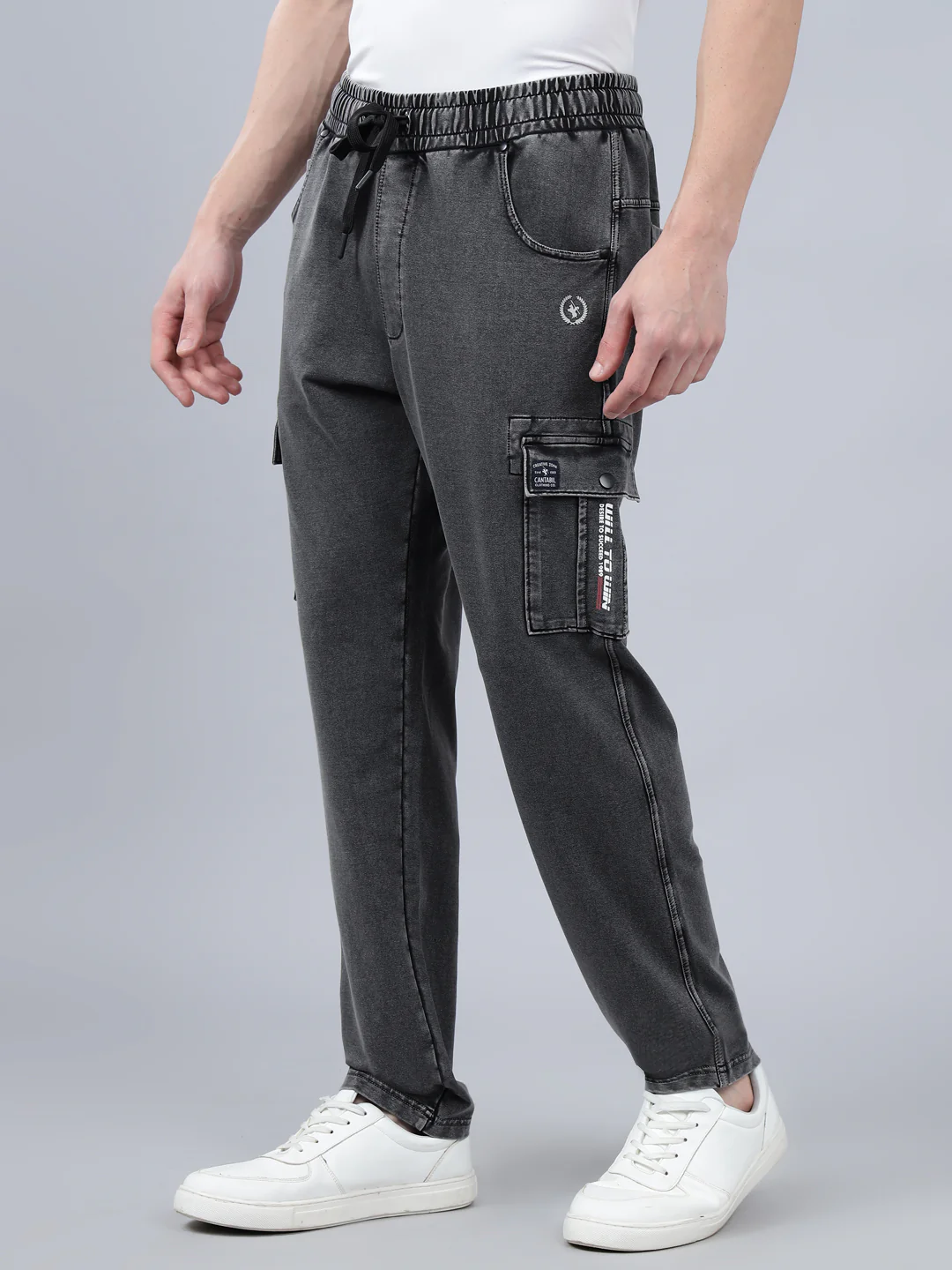 Men's Grey Solid Full Length Winter Cargo Pant - Image 3