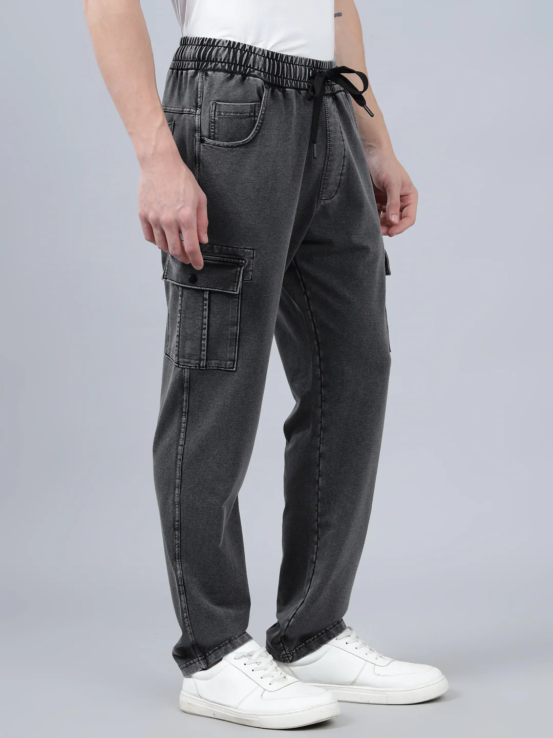Men's Grey Solid Full Length Winter Cargo Pant - Image 4