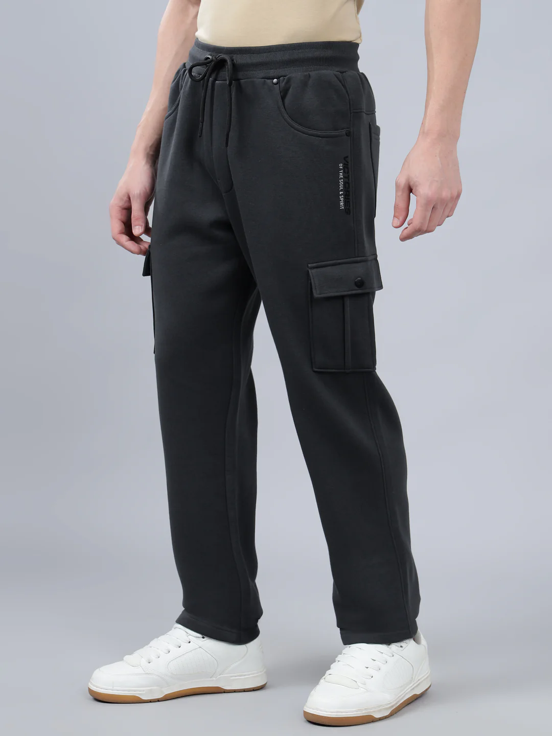 Men's Grey Solid Full Length Winter Cargo Pant - Image 3