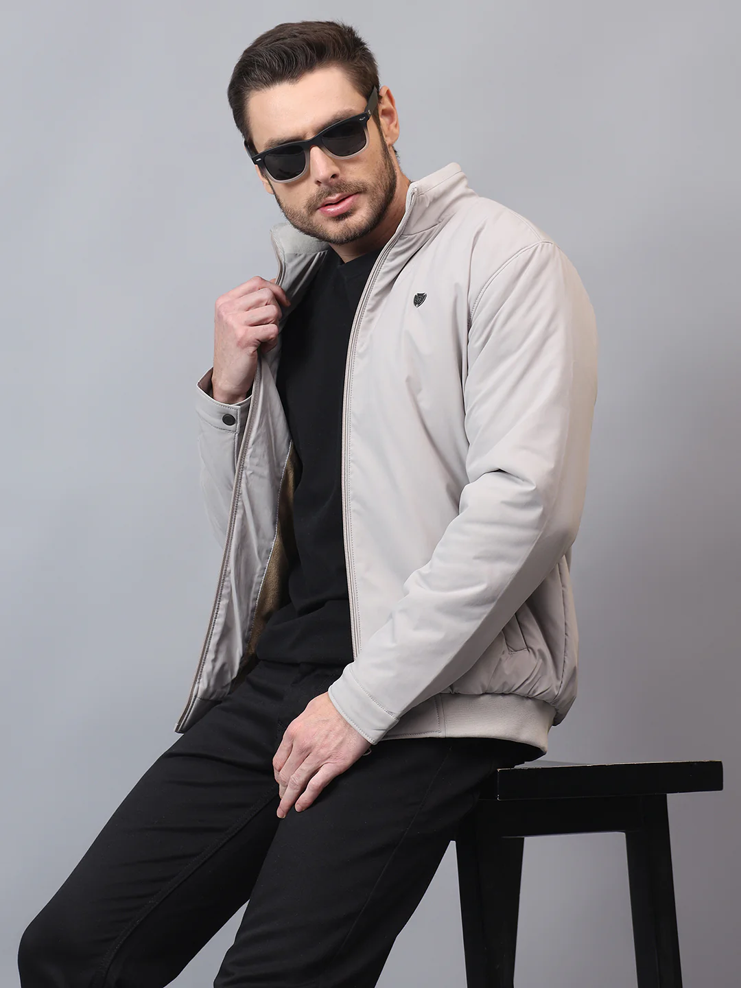 Men's Grey Solid Mock Neck Winter Jacket - Image 2