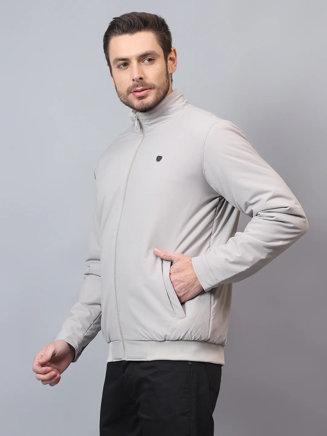 Men's Grey Solid Mock Neck Winter Jacket - Image 3