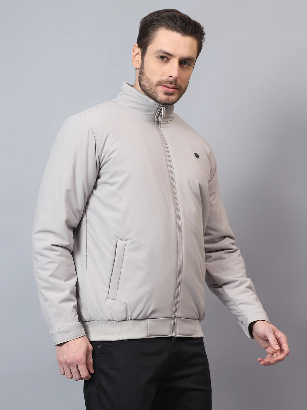 Men's Grey Solid Mock Neck Winter Jacket - Image 4