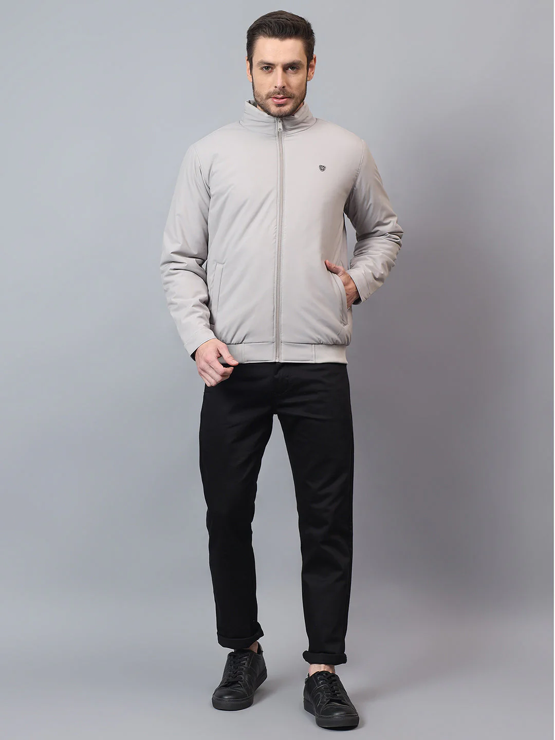 Men's Grey Solid Mock Neck Winter Jacket - Image 5