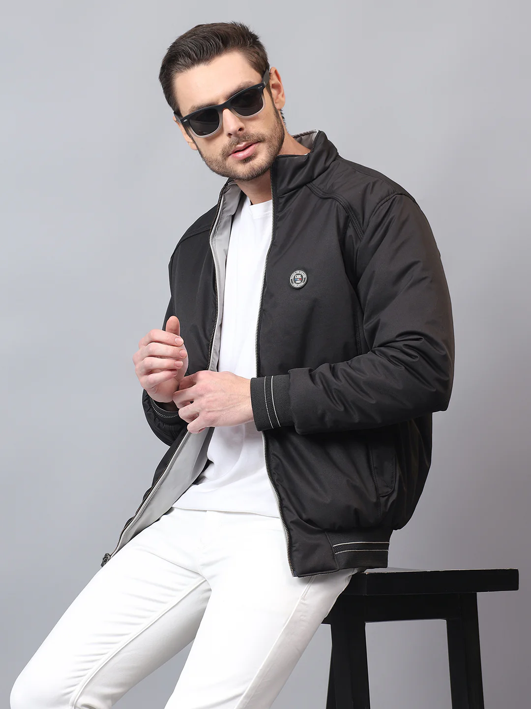 Men's Grey Solid Mock Neck Winter Reversible Jacket - Image 2