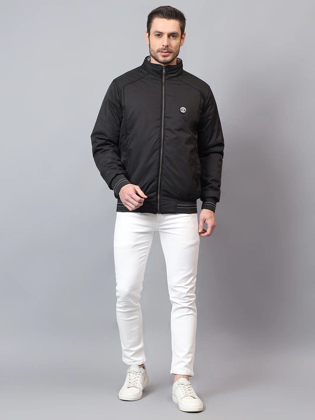 Men's Grey Solid Mock Neck Winter Reversible Jacket - Image 3