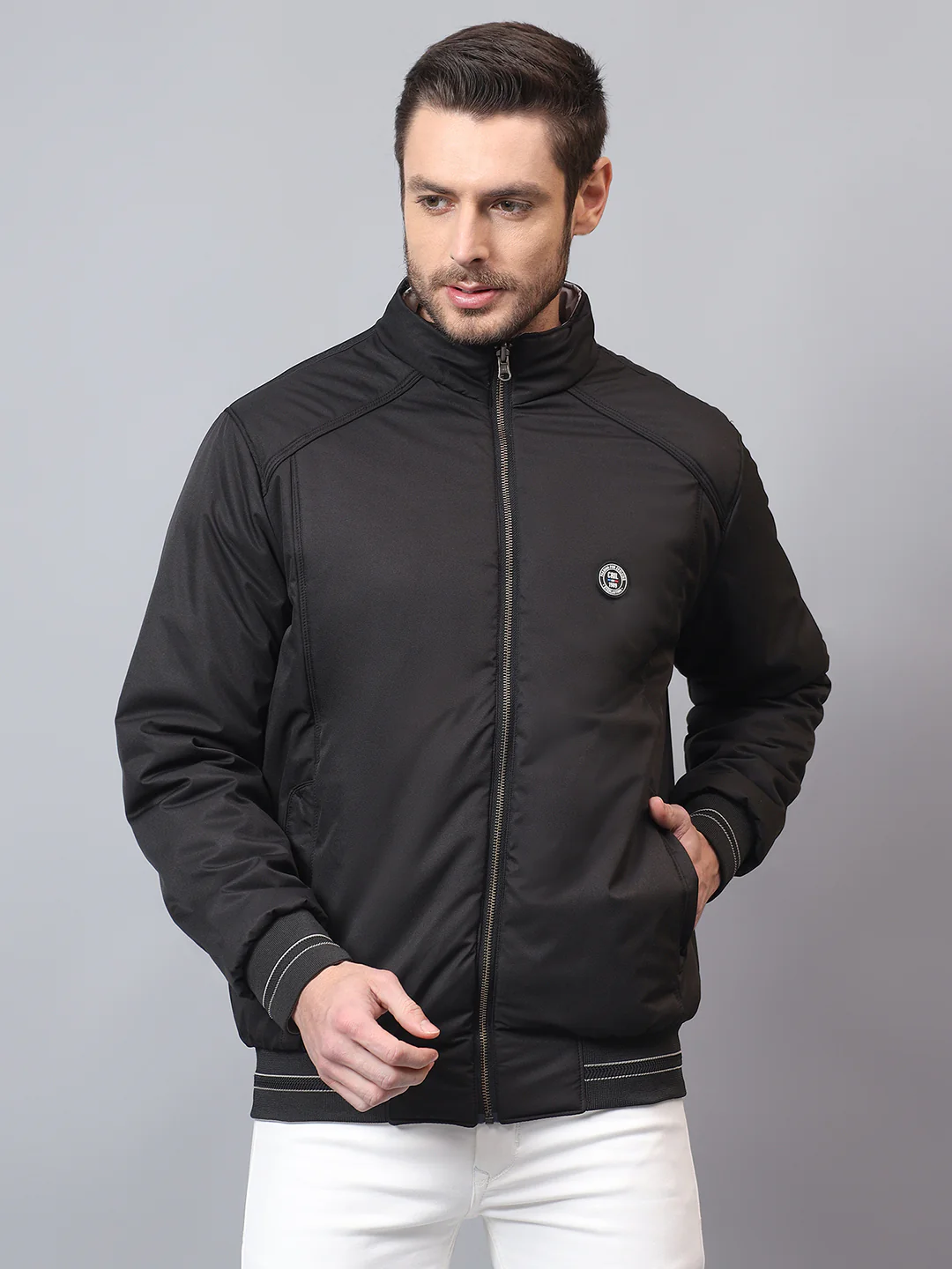 Men's Grey Solid Mock Neck Winter Reversible Jacket - Image 4