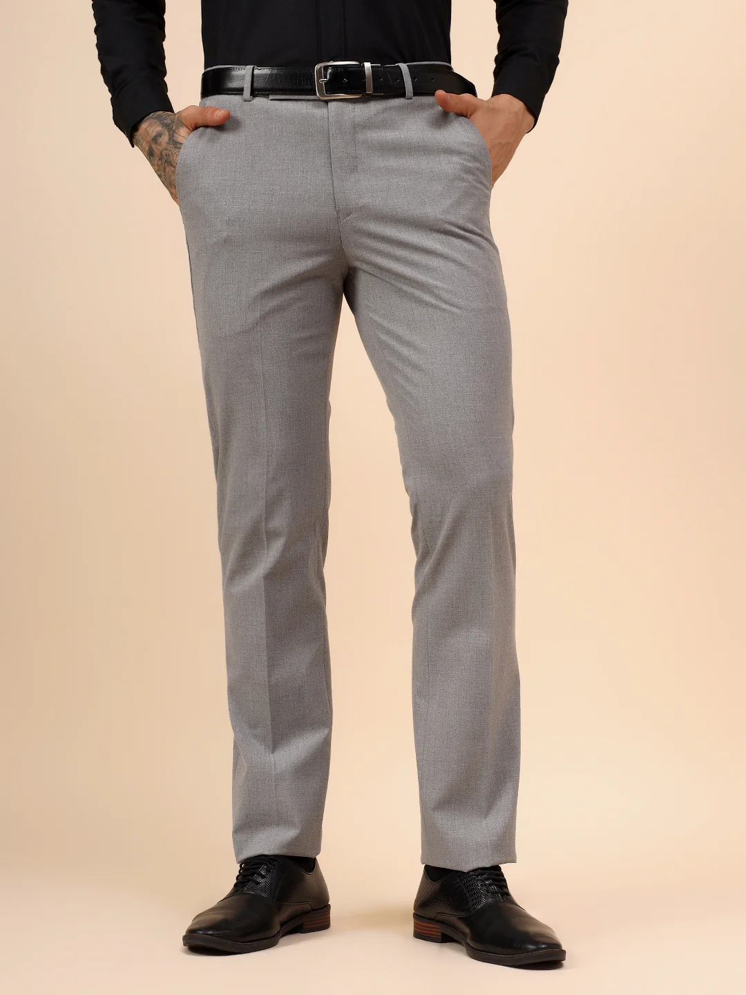 Men's Grey Solid Non Plated Regular Fit Formal Trouser - Image 2