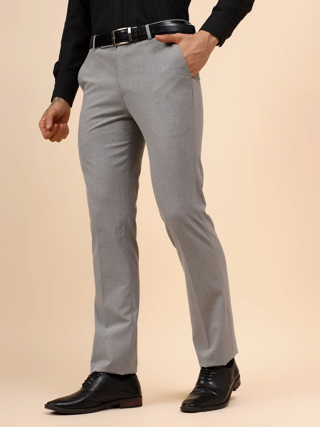 Men's Grey Solid Non Plated Regular Fit Formal Trouser - Image 3