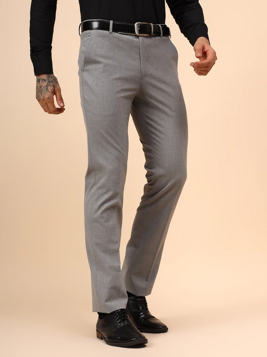Men's Grey Solid Non Plated Regular Fit Formal Trouser - Image 4