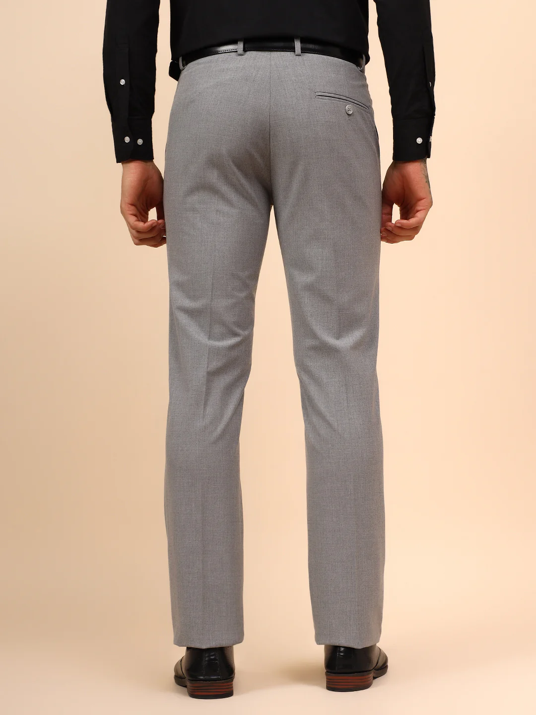Men's Grey Solid Non Plated Regular Fit Formal Trouser - Image 5