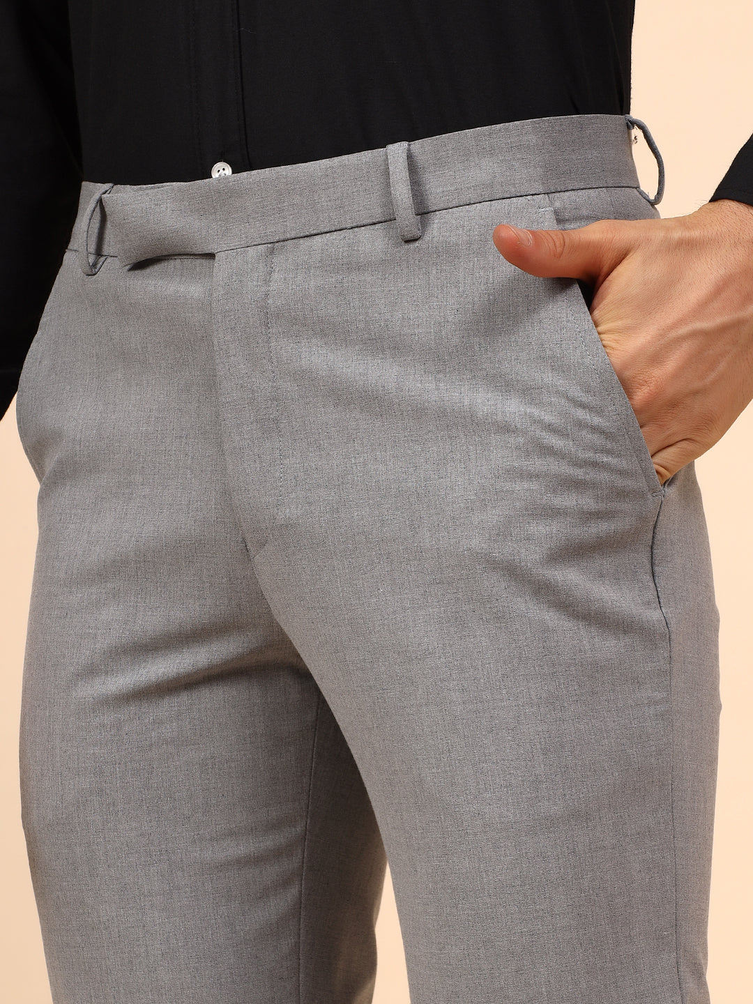 Men's Grey Solid Non Plated Regular Fit Formal Trouser - Image 6