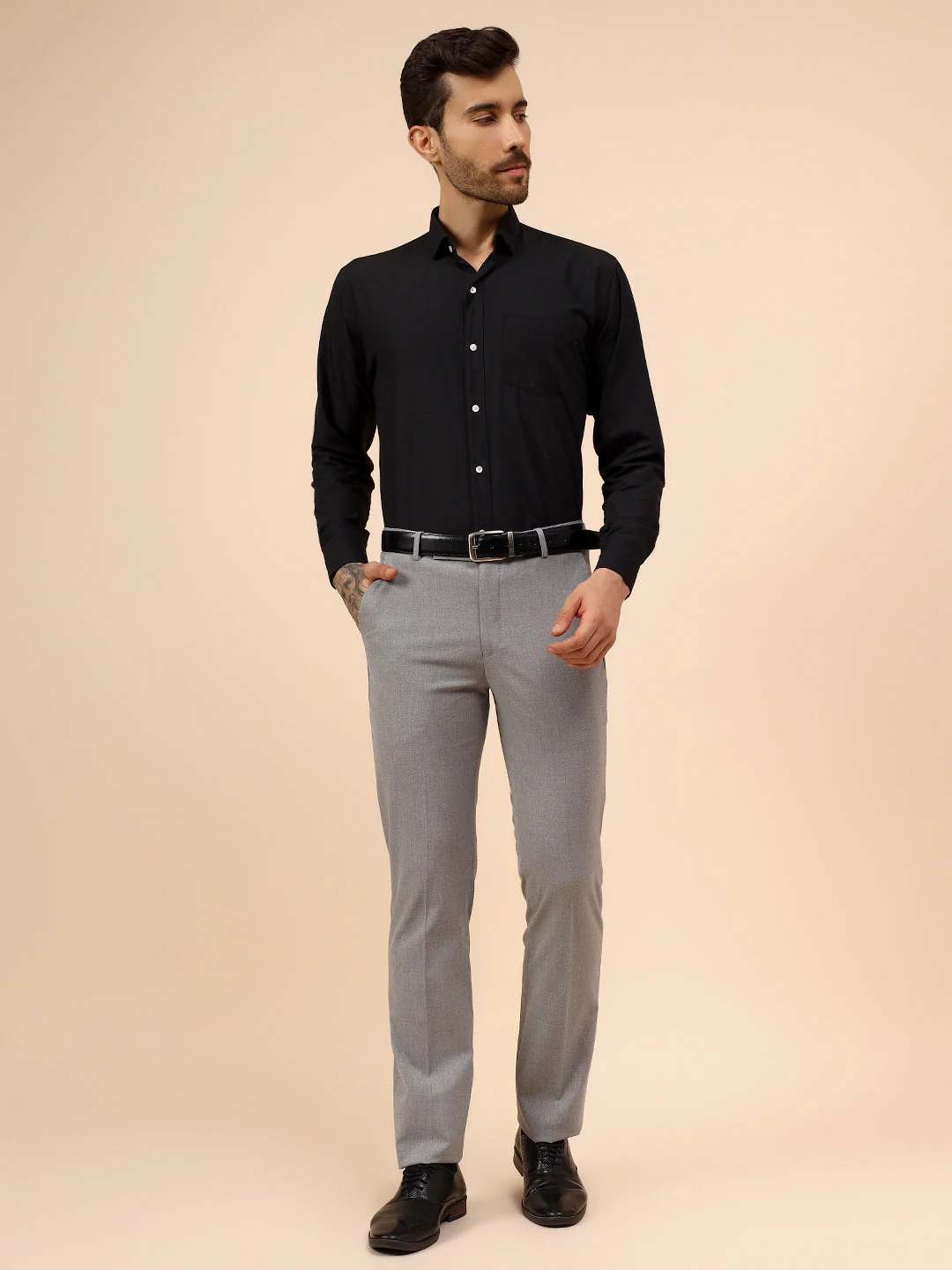 Men's Grey Solid Non Plated Regular Fit Formal Trouser - Image 7