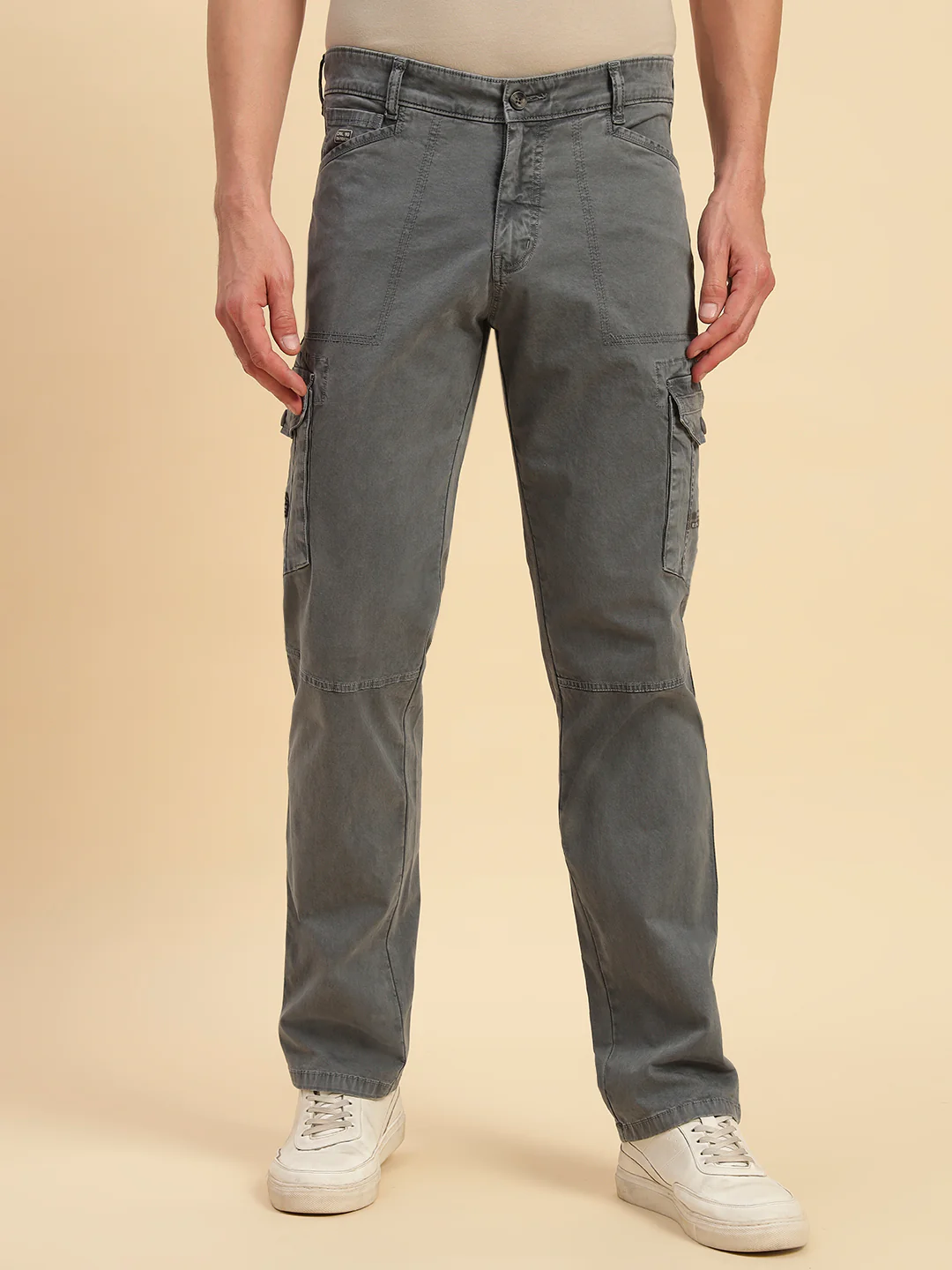 Men's Grey Solid Regular Fit Casual Cargo - Image 4