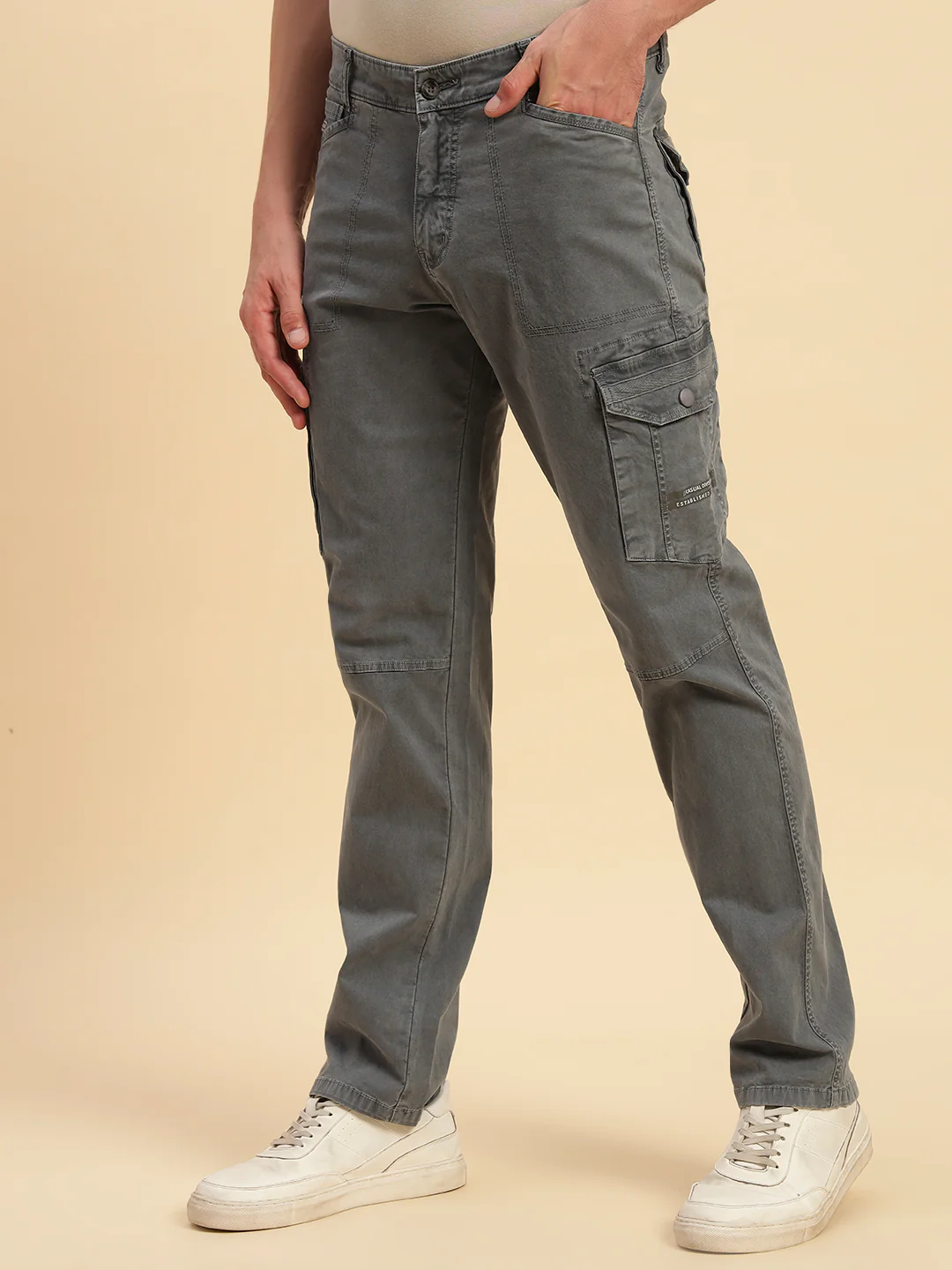 Men's Grey Solid Regular Fit Casual Cargo - Image 5