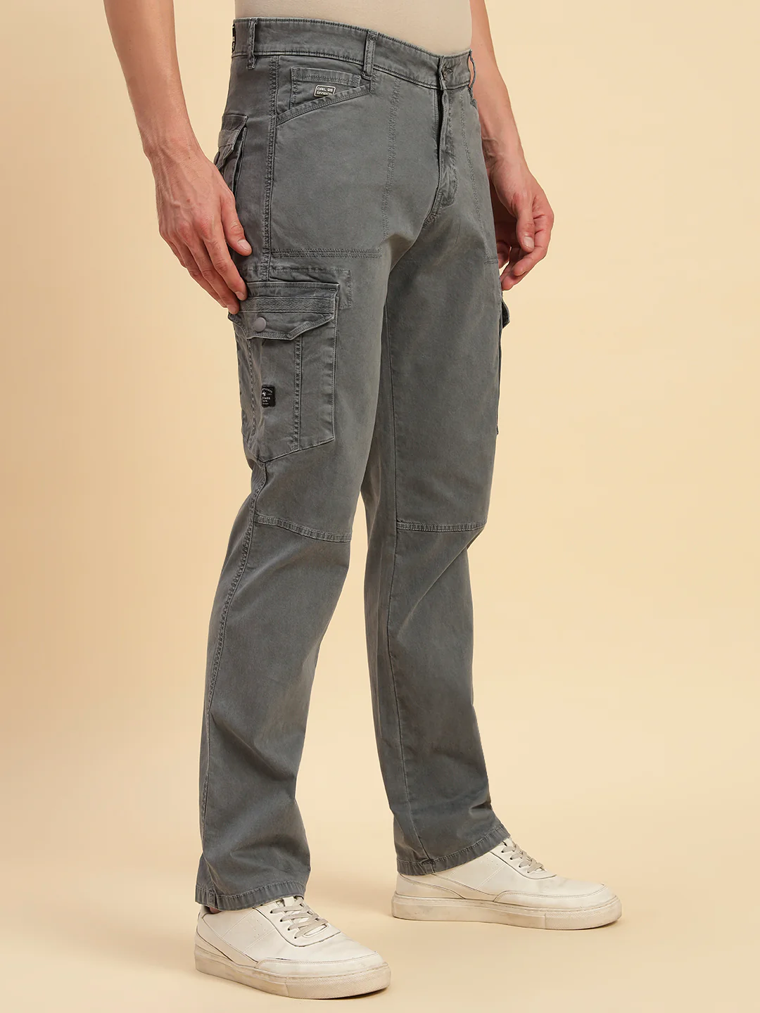 Men's Grey Solid Regular Fit Casual Cargo - Image 6