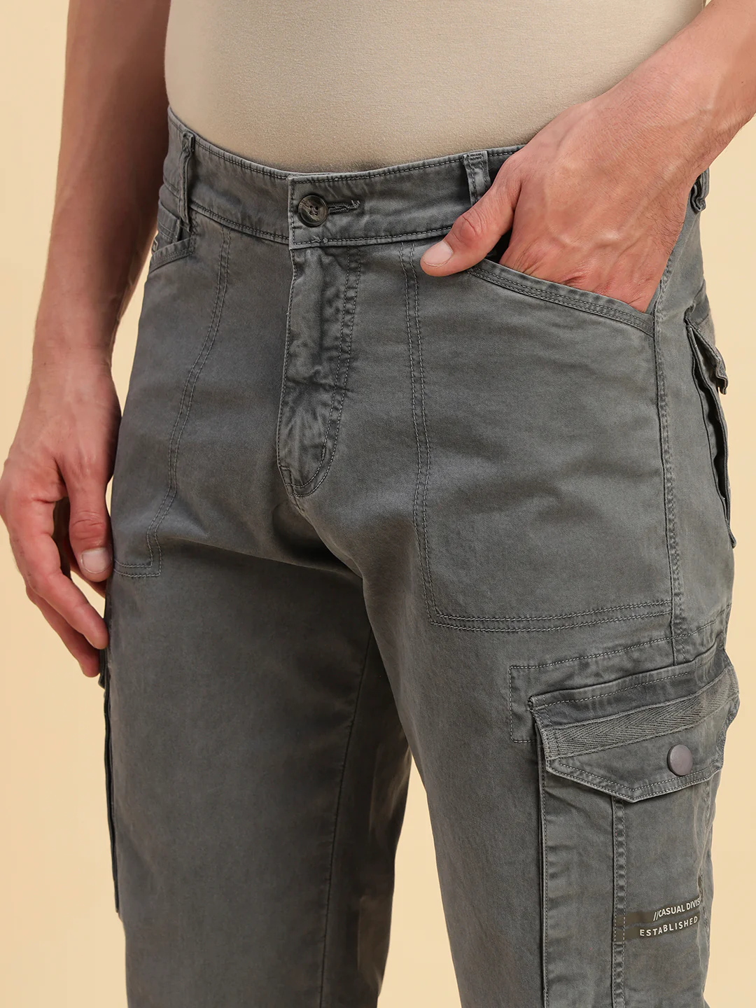 Men's Grey Solid Regular Fit Casual Cargo - Image 7