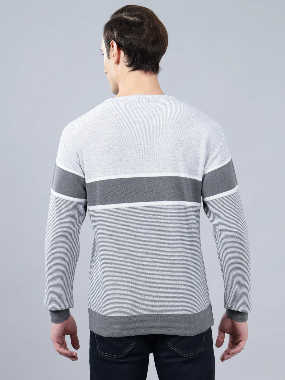 Men's Grey Striped Full Sleeve Sweater - Image 2
