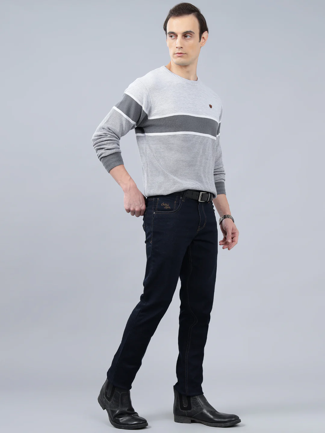 Men's Grey Striped Full Sleeve Sweater - Image 3