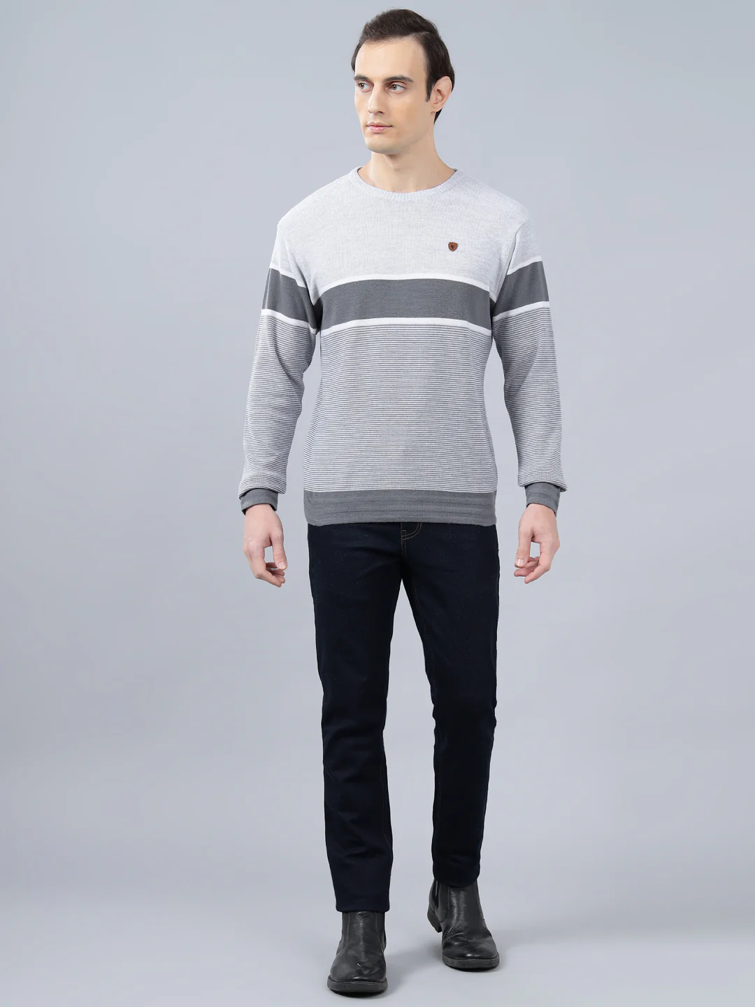 Men's Grey Striped Full Sleeve Sweater - Image 4