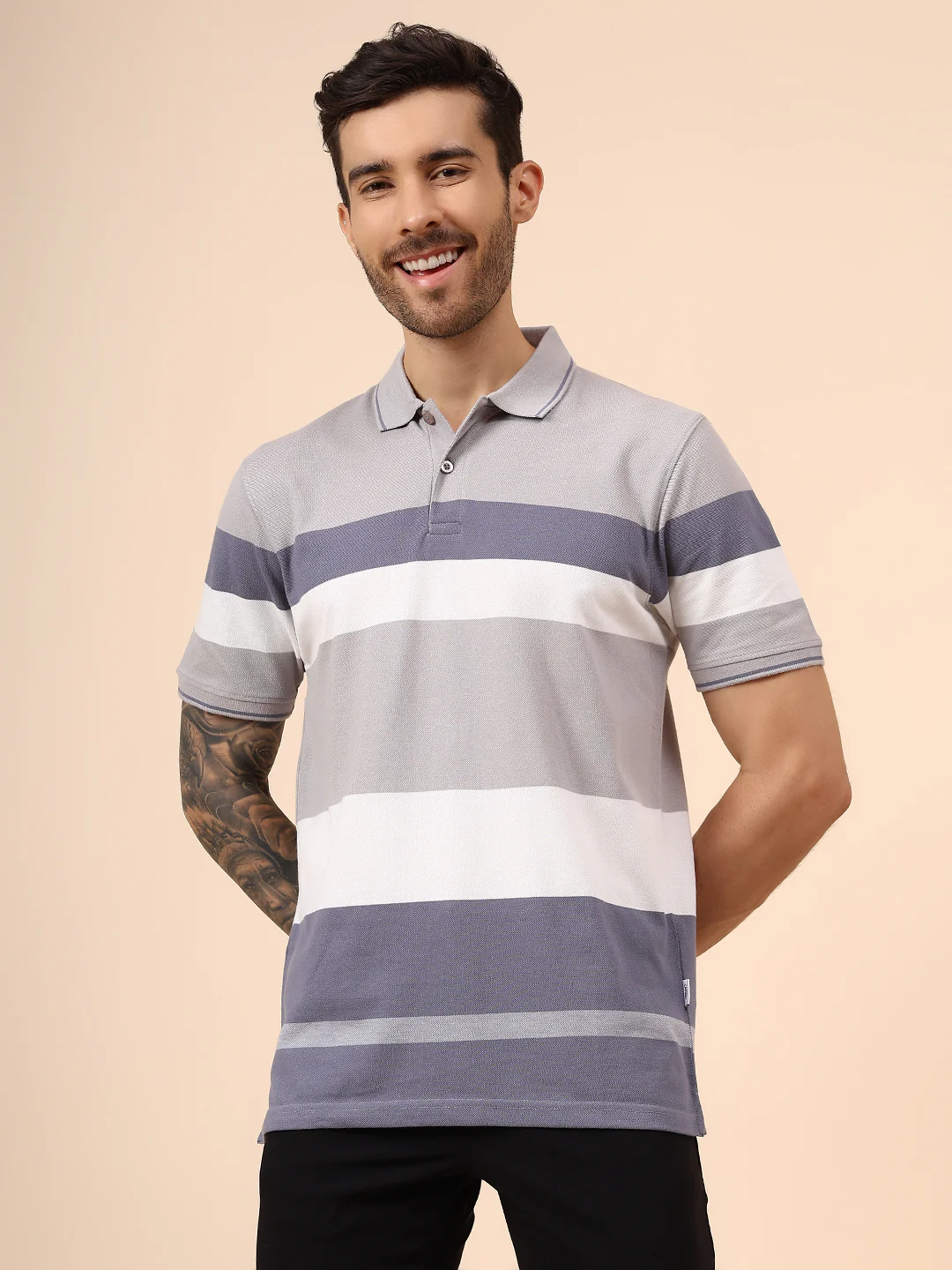 T-Shirt for Men | Breathable & Soft with Color Fastness Regular Fit Polo Neck Poly Cotton Fabric Striped Pattern - Image 2