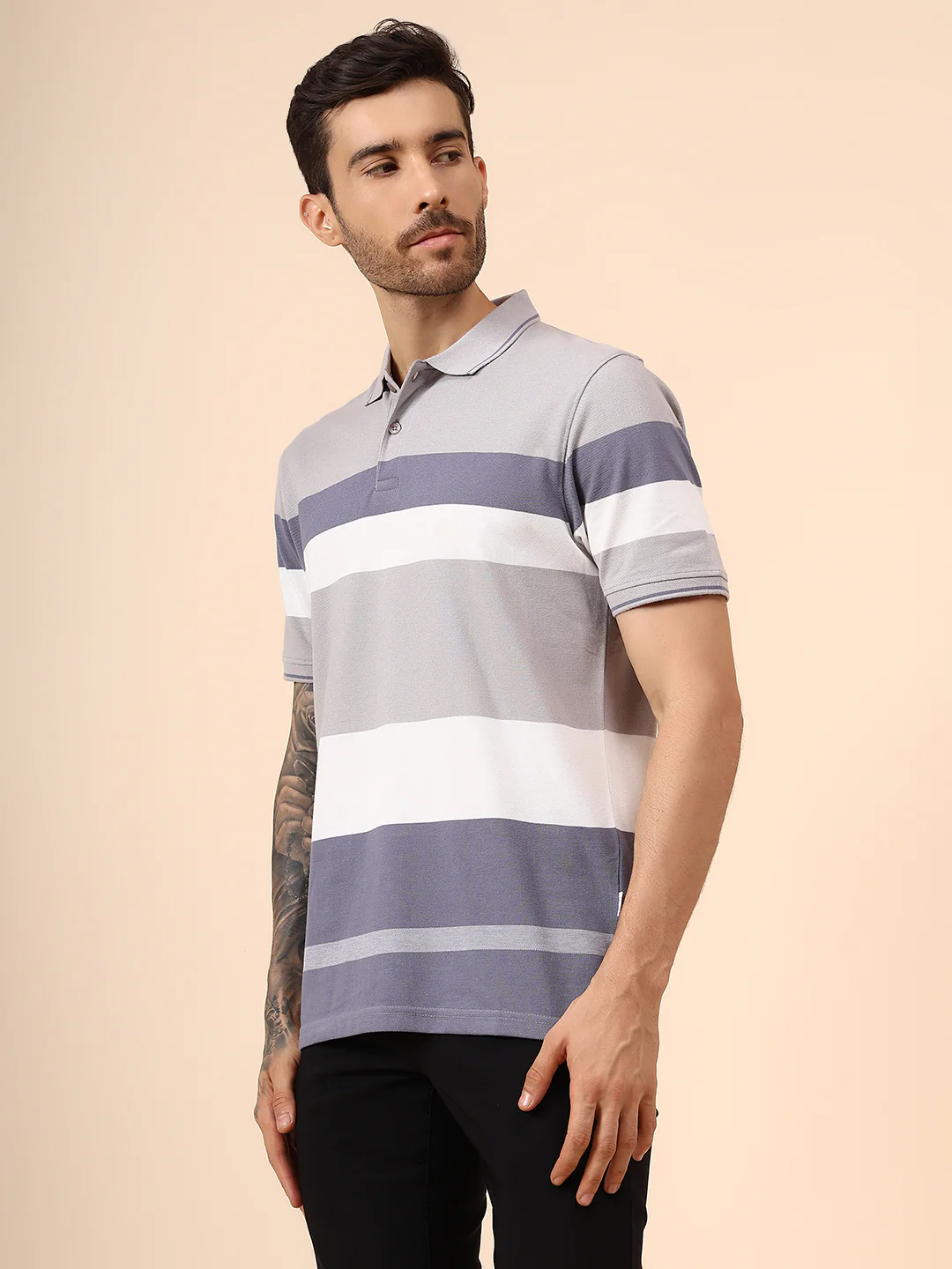 T-Shirt for Men | Breathable & Soft with Color Fastness Regular Fit Polo Neck Poly Cotton Fabric Striped Pattern - Image 3