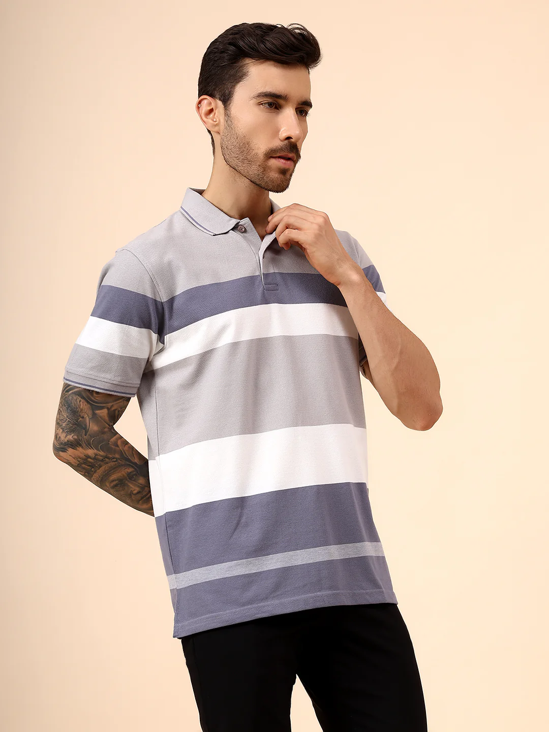 T-Shirt for Men | Breathable & Soft with Color Fastness Regular Fit Polo Neck Poly Cotton Fabric Striped Pattern - Image 4
