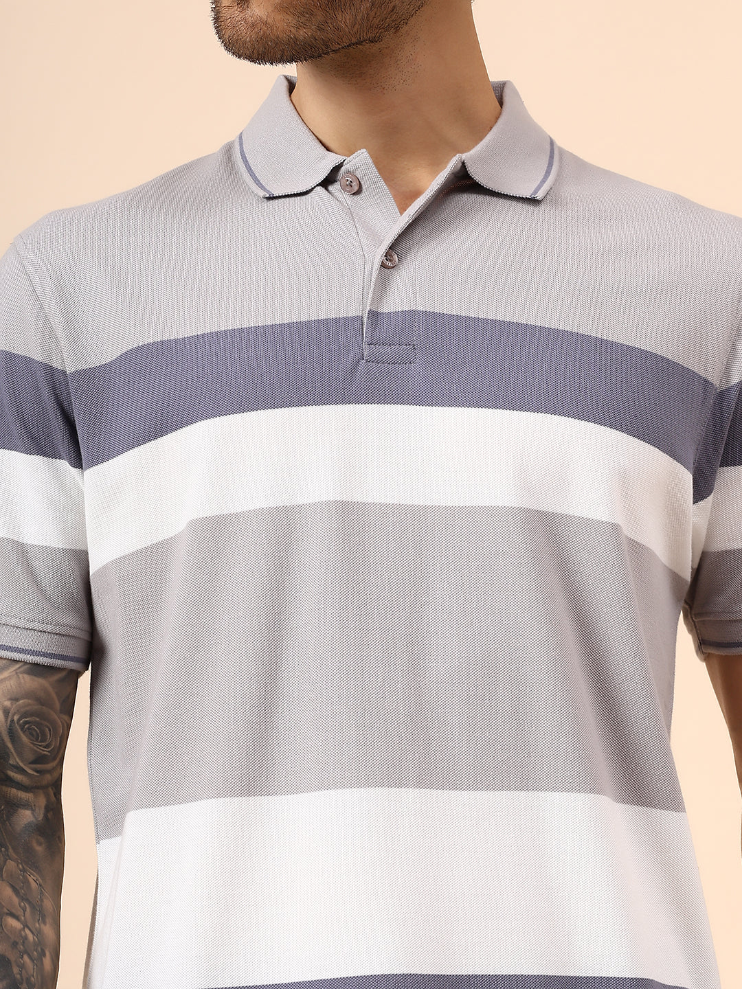 T-Shirt for Men | Breathable & Soft with Color Fastness Regular Fit Polo Neck Poly Cotton Fabric Striped Pattern - Image 6