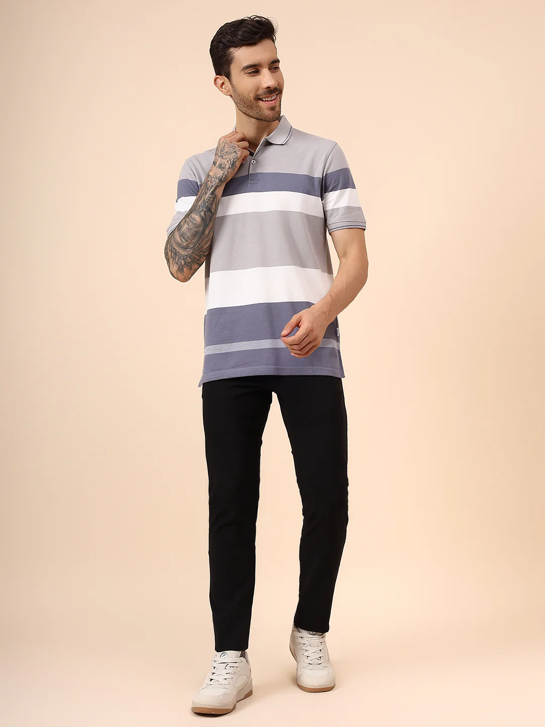 T-Shirt for Men | Breathable & Soft with Color Fastness Regular Fit Polo Neck Poly Cotton Fabric Striped Pattern - Image 7