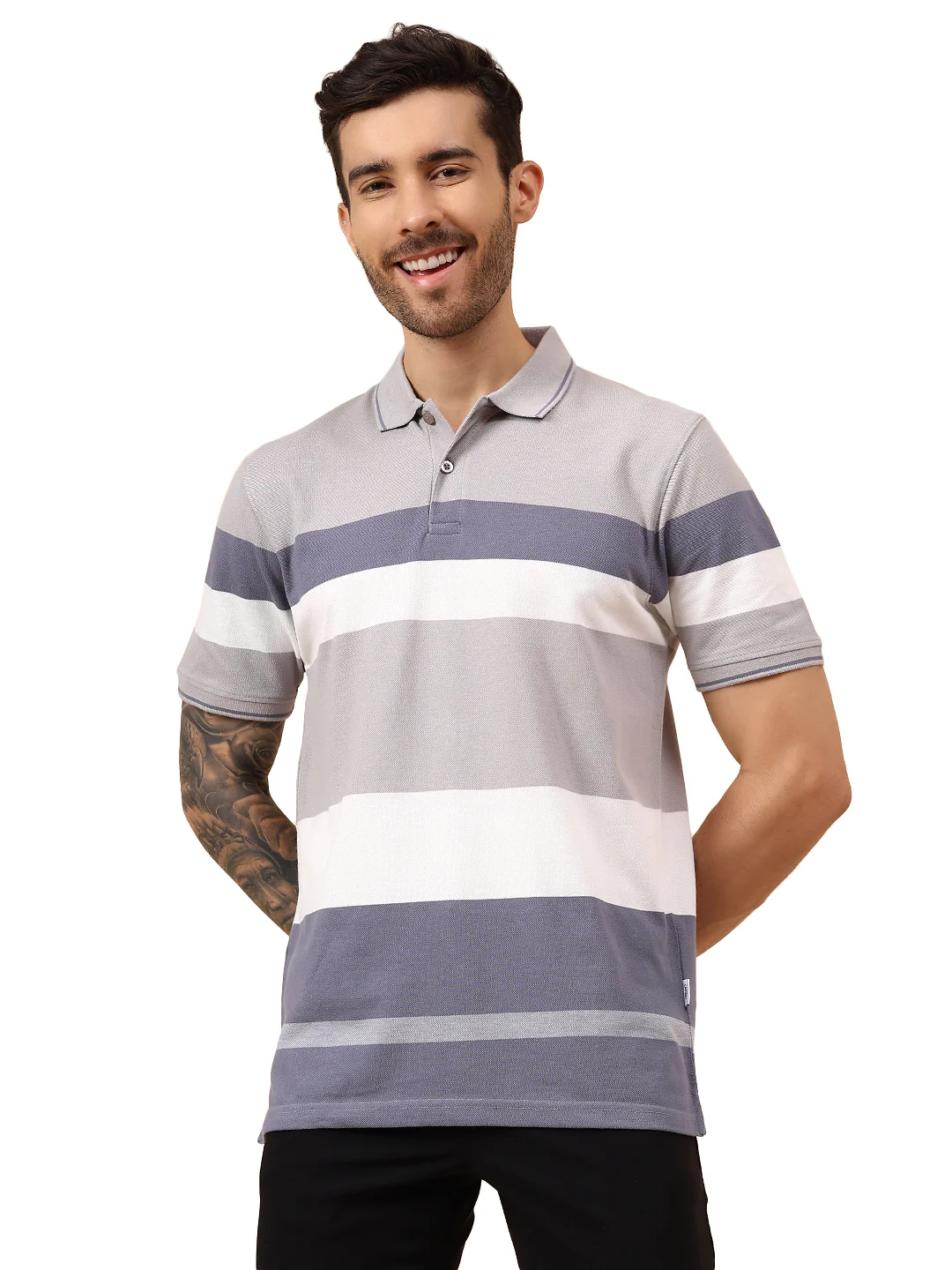 T-Shirt for Men | Breathable & Soft with Color Fastness Regular Fit Polo Neck Poly Cotton Fabric Striped Pattern - Image 8