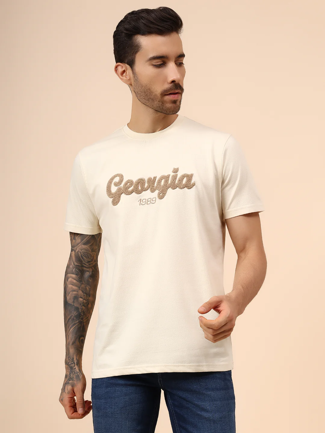 T-Shirt for Men | Breathable & Soft with Color Fastness Regular Fit Round Neck Poly Cotton Fabric Self Design Pattern - Image 2