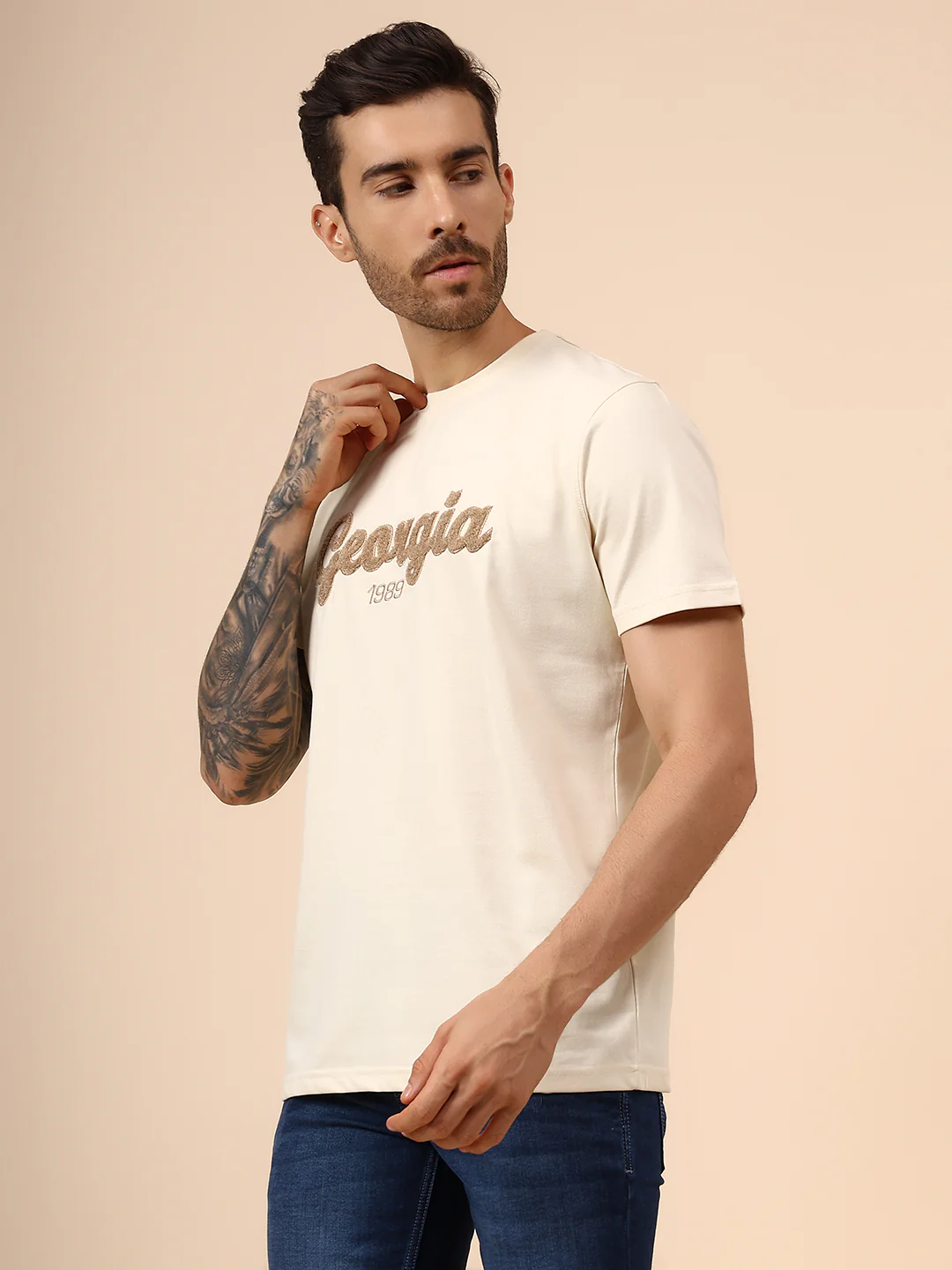 T-Shirt for Men | Breathable & Soft with Color Fastness Regular Fit Round Neck Poly Cotton Fabric Self Design Pattern - Image 3