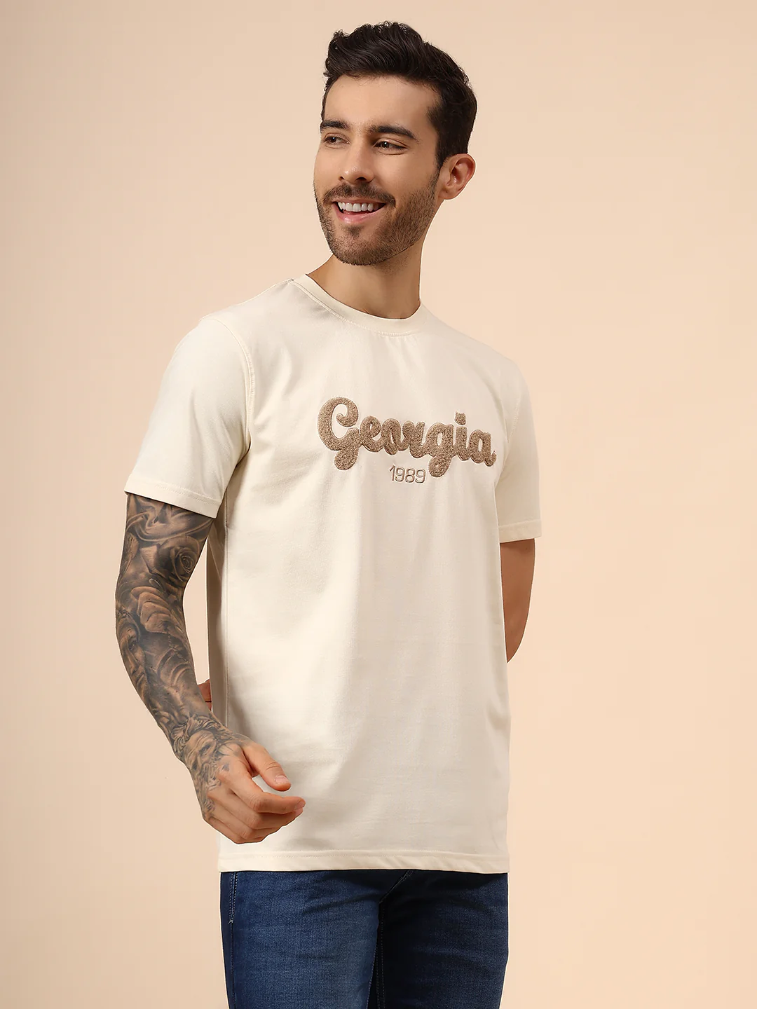 T-Shirt for Men | Breathable & Soft with Color Fastness Regular Fit Round Neck Poly Cotton Fabric Self Design Pattern - Image 4