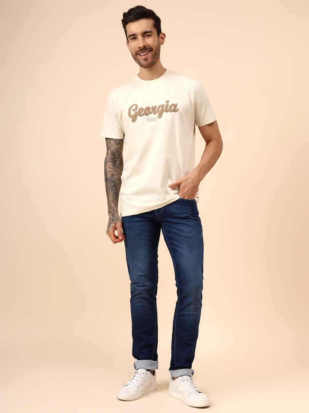 T-Shirt for Men | Breathable & Soft with Color Fastness Regular Fit Round Neck Poly Cotton Fabric Self Design Pattern - Image 7