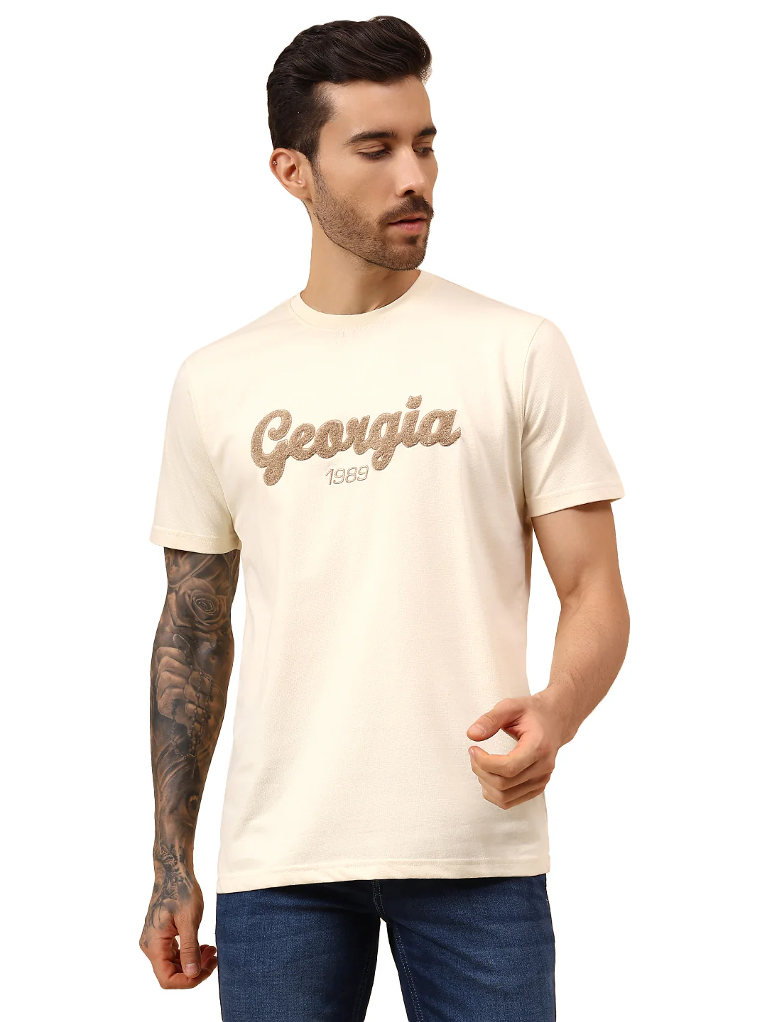 T-Shirt for Men | Breathable & Soft with Color Fastness Regular Fit Round Neck Poly Cotton Fabric Self Design Pattern - Image 8