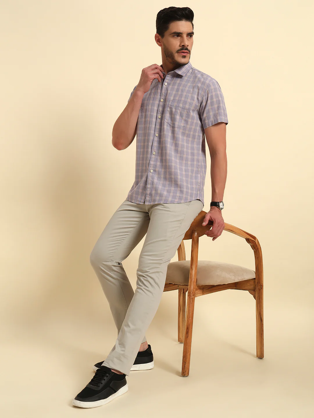 Casual Trouser for Men | Breathable & Soft with Color Fastness Regular Fit Cotton Blend Fabric Self Design Pattern Button Closure - Image 8