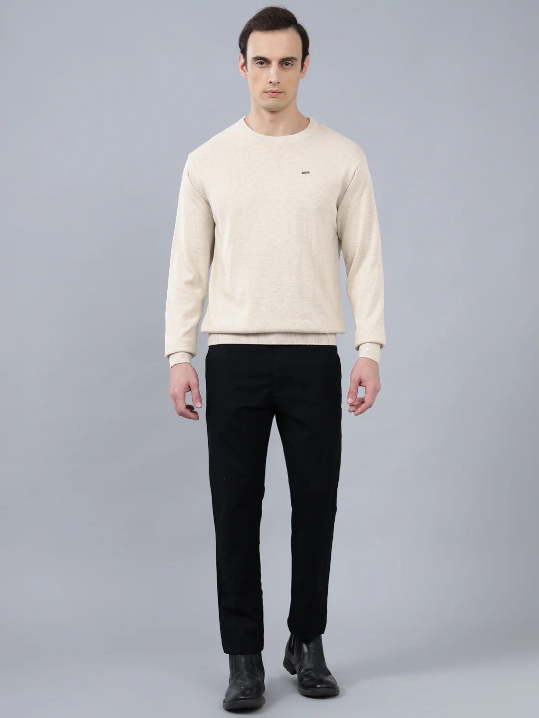 Men's Ivory Solid Full Sleeve Sweater - Image 3