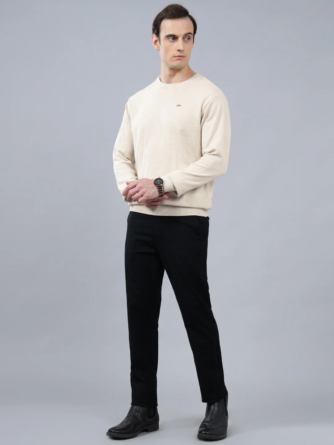 Men's Ivory Solid Full Sleeve Sweater - Image 4