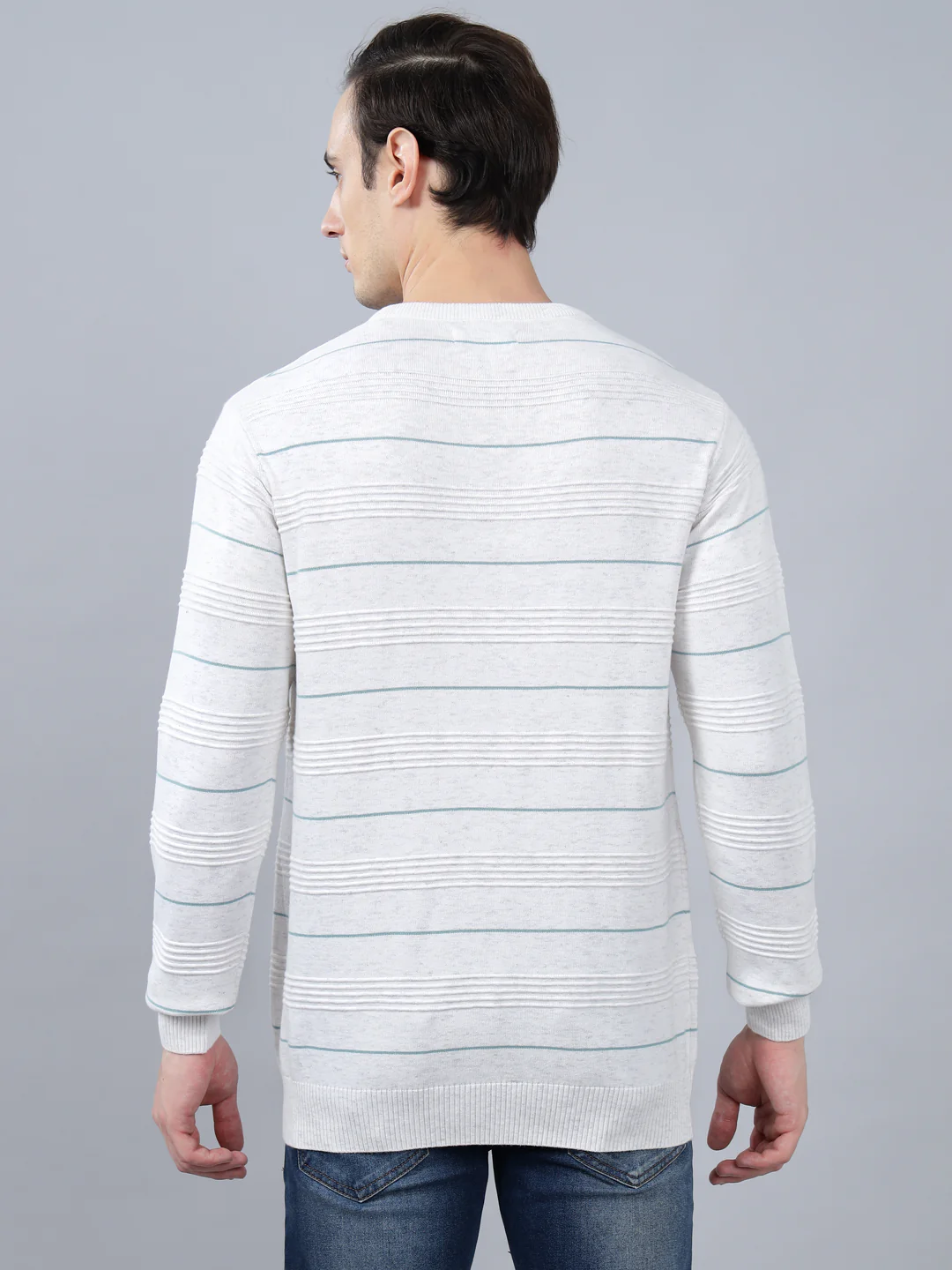 Men's Ivory  Striped Full Sleeve Sweater - Image 2