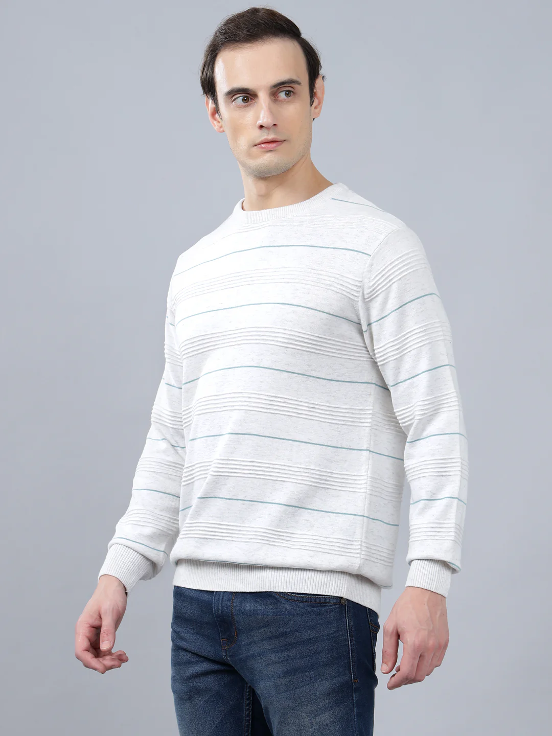 Men's Ivory  Striped Full Sleeve Sweater - Image 3