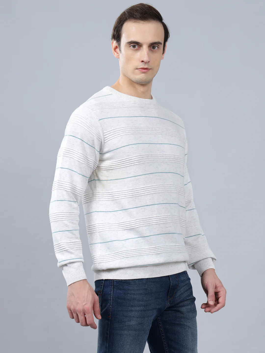 Men's Ivory  Striped Full Sleeve Sweater - Image 4