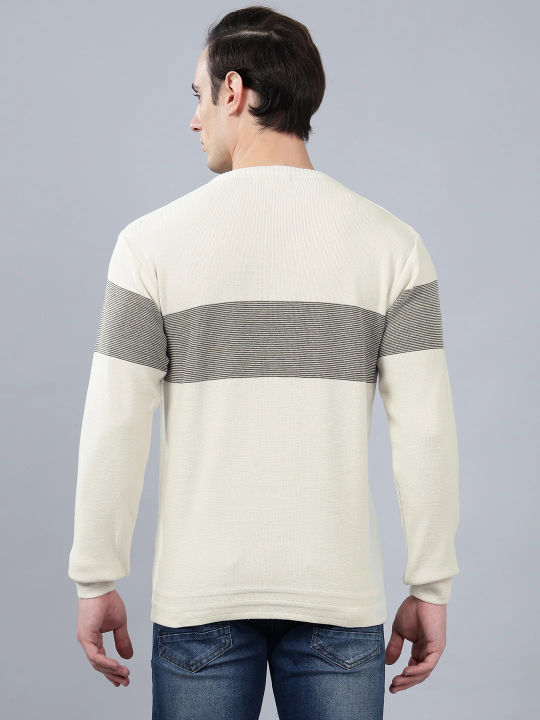 Men's Ivory Striped Full Sleeve Sweater - Image 2