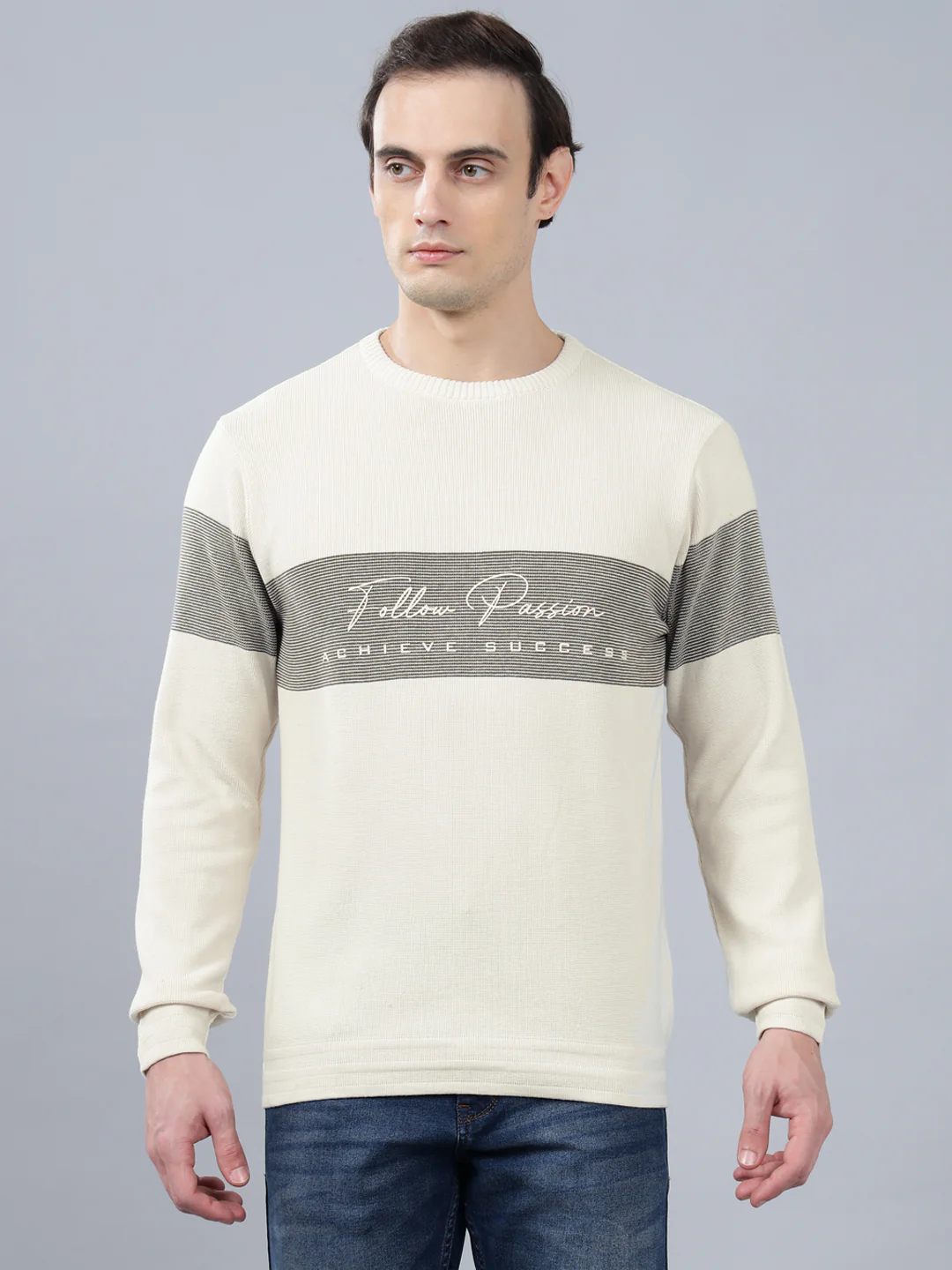 Men's Ivory Striped Full Sleeve Sweater - Image 3