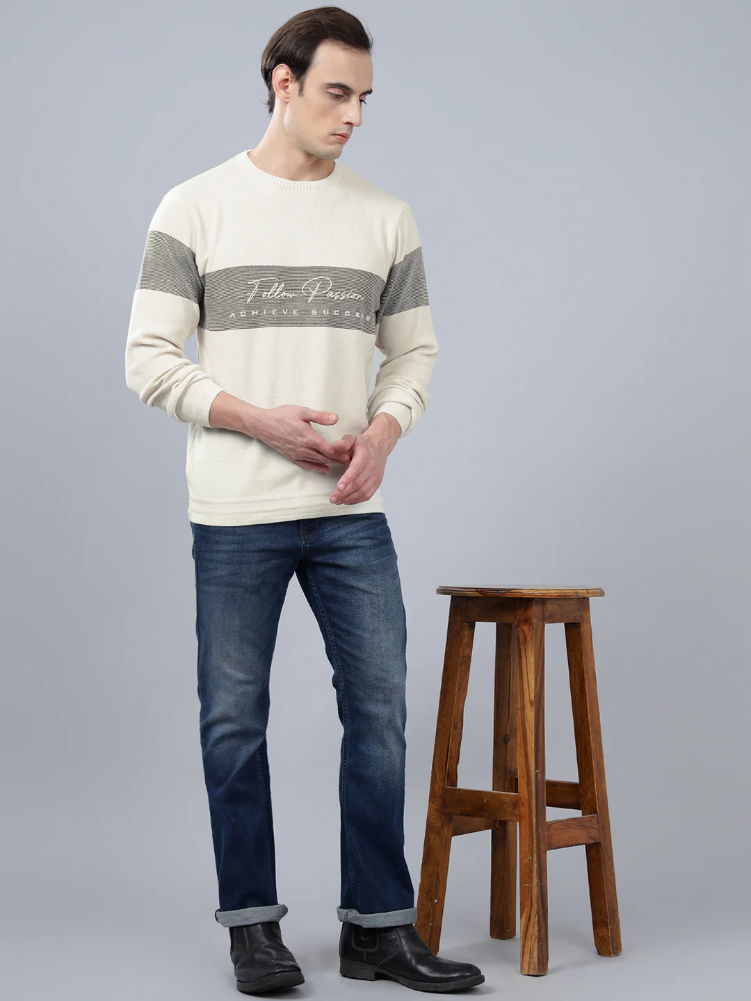 Men's Ivory Striped Full Sleeve Sweater - Image 4