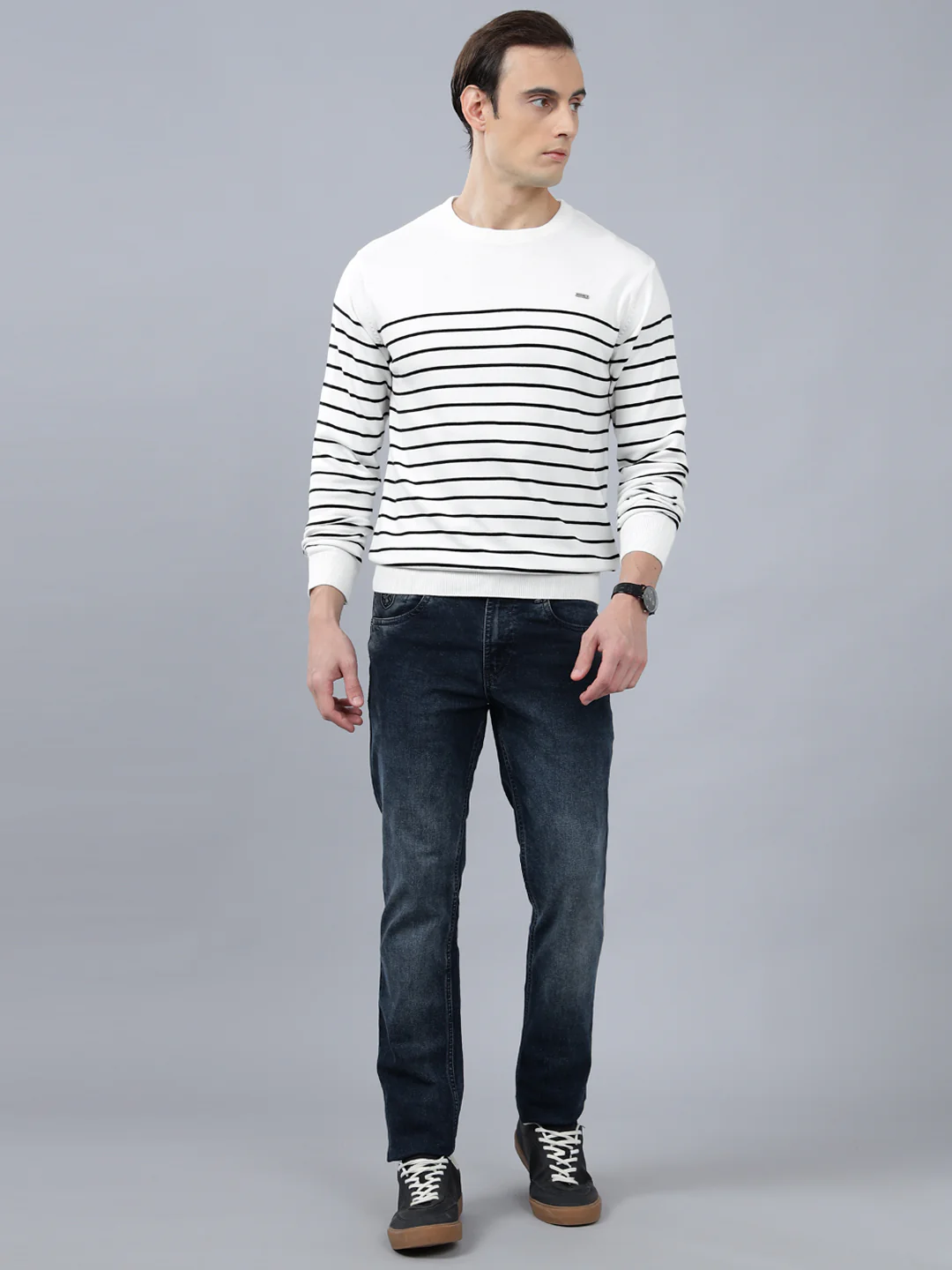 Men's Ivory Striped Full Sleeve Sweater - Image 3