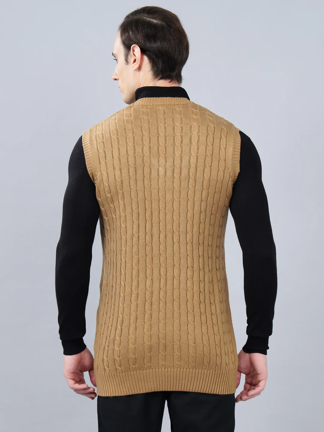 Men's Jacquard Khaki Sleeveless Sweater - Image 2
