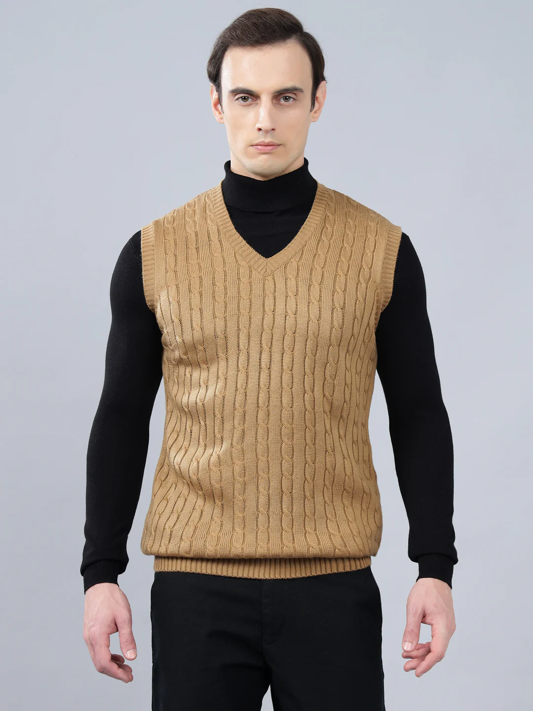 Men's Jacquard Khaki Sleeveless Sweater - Image 3