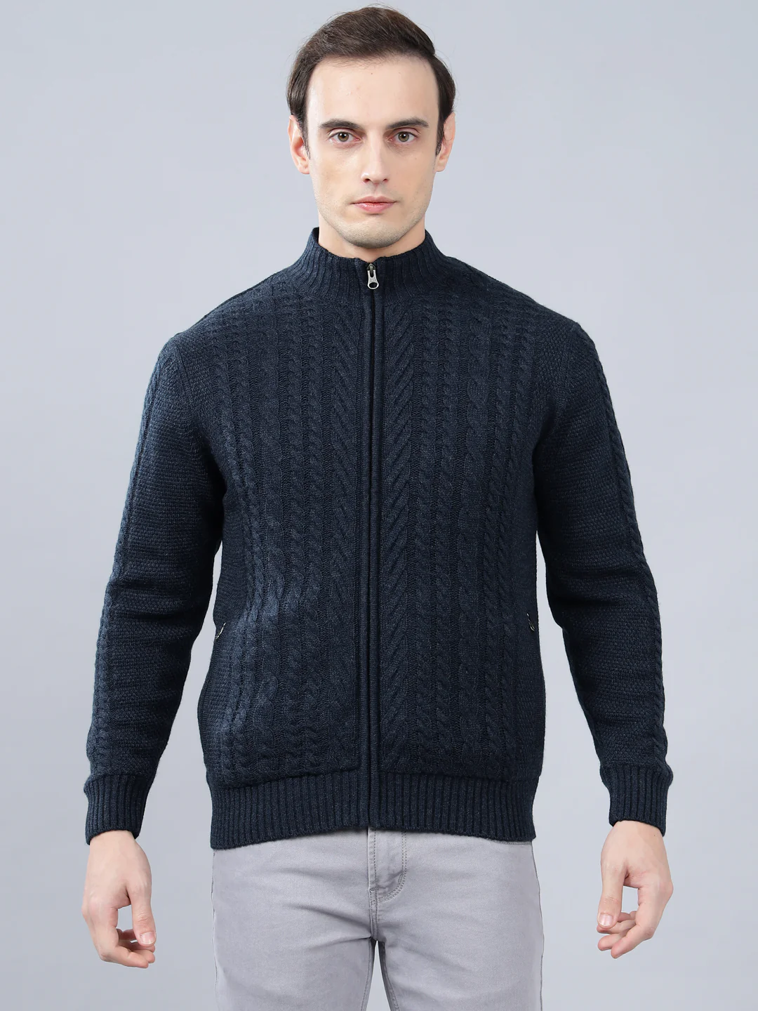 Men's Jacquard Navy Blue Full Sleeve Sweater - Image 2