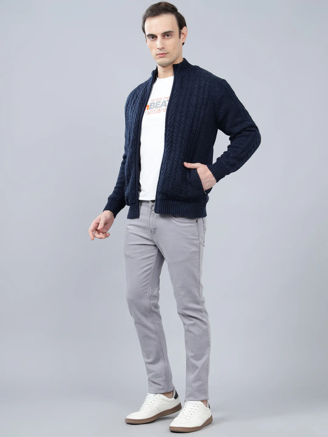Men's Jacquard Navy Blue Full Sleeve Sweater - Image 3