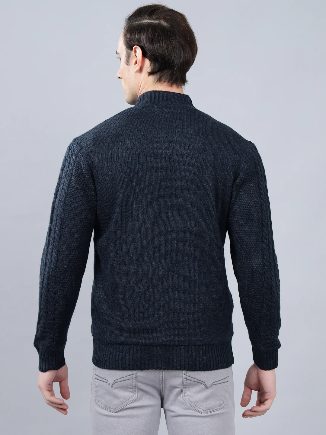 Men's Jacquard Navy Blue Full Sleeve Sweater - Image 4