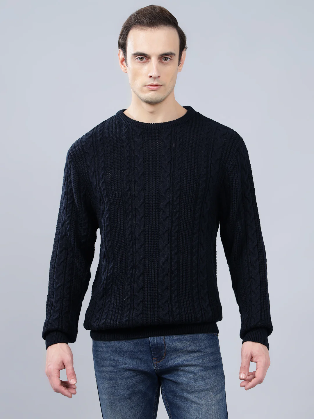 Men's Jacquard Navy Blue Full Sleeve Sweater - Image 3